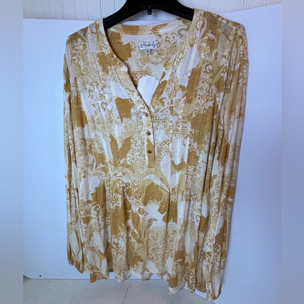 NWT Wonderly Womens Long Sleeve Yellow and White Peasant Style Blouse Size XXL